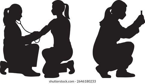 Black silhouettes capture the essence of healthcare with medical staff examining, supporting patients, and researching in a lab, all symbolizing medical expertise.
