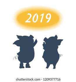 Black silhouettes of cartoon pigs isolated on white background. Vector illustration.