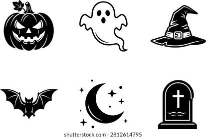 Black silhouettes: carved pumpkin, ghost, pointy hat, bat, crescent moon, cross tombstone.