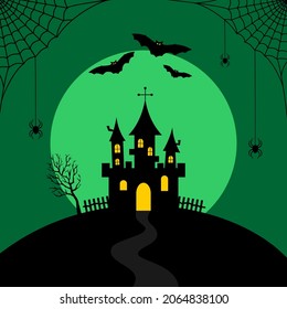 Black silhouettes of the castle, bats and spiders on cobweb on a green background with full moon. Halloween flat illustration