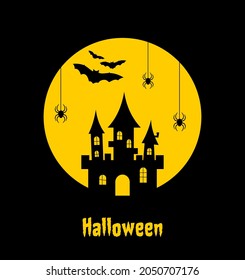 Black silhouettes of castle, spiders and bats on a background of yellow full moon. Halloween flat illustration