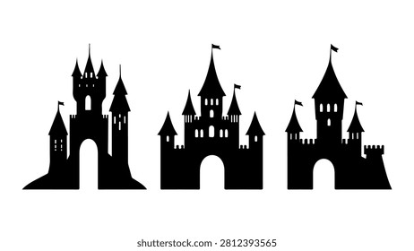 Black silhouettes of castle structures featuring towers, spires, and battlements, set against a plain background, emphasizing medieval fantasy architecture.