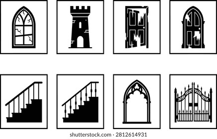 Black silhouettes: castle windows, tower, doors, arches, stairs, gates.