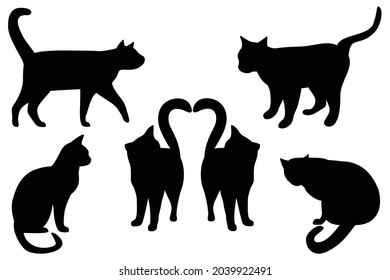 Black silhouettes of cats in different poses on a white background