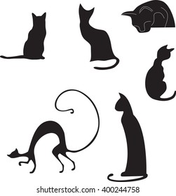 black silhouettes of cats in different poses on a white background