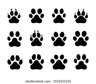 Black silhouettes of cats or dog paws. The animal follows. isolated on white background. set of traces, vector illustration