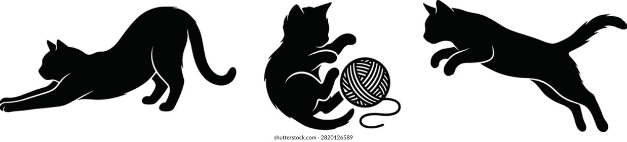 Black silhouettes of cats in dynamic poses including stretching, playing with yarn, and leaping forward. Perfect for design projects, pet themes, and visuals highlighting feline behavior and movement.