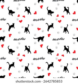 Black silhouettes of cats on a white background with red hearts and paw prints. Seamless pattern, print, vector illustration