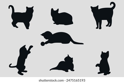 Black silhouettes of cats. Pet. Vector on a gray background