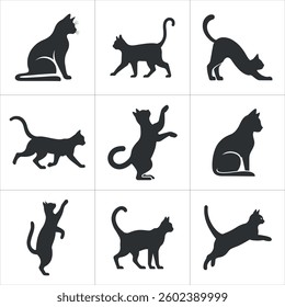black silhouettes of cats vector. cat silhouettes showcasing various postures sitting, walking, stretching, and playfully jumping. Simple, elegant designs
