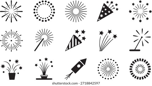 Siluetas negras de Elementos de celebración llenan un espacio en blanco, que incluye explosiones de fuegos artificiales, galletas de confeti y diseños de cohetes, sobre un fondo transparente.