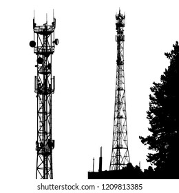 Black silhouettes of cell phone towers on a white background. Overlay template. Vector illustration