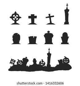 Black silhouettes of cemetery tombstones, crosses and gravestones. Graveyard border with headstone, creepy pumpkins for Halloween decoration.