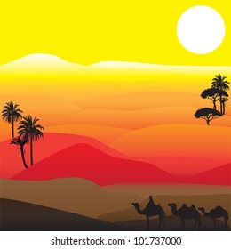 black silhouettes of the characters are African desert