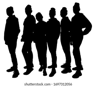 
Black silhouettes of cheerleading girls on a white background. Team, support, team, hip hop.