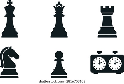 Black silhouettes of chess pieces and clock on transparent background chessman chessmen rook