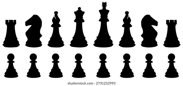 Schwarze Silhouetten von Schachfiguren. Kompletter klassischer Schachmannsatz von König, Königin, Bischof, Ritter, Turm, Pfandfiguren. Strategischer Wettbewerb, Logik-Brettspiel-Konzept.