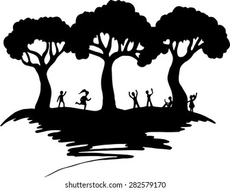 Black silhouettes of children among the trees