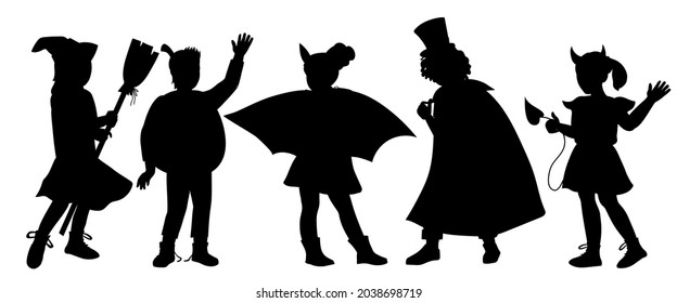 Black silhouettes of children dressed in Halloween fancy costumes to go trick or treating and celebrate Halloween party, flat cartoon vector illustration isolated on white background.