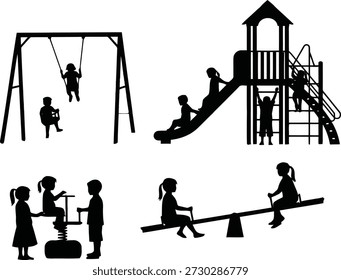 Black silhouettes of children engaged in various playground activities including swinging, sliding, riding a seesaw and a spring rider against a white background.