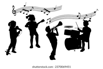 Black silhouettes of children play music on musical instruments and sing a song, cartoon vector illustration isolated on white background.