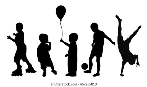 Black silhouettes of children playing on white background, vector illustration