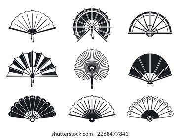 Black silhouettes of chinese, japanese paper folding hand fans. Vector of fan japanese, hand paper black silhouette icon illustration