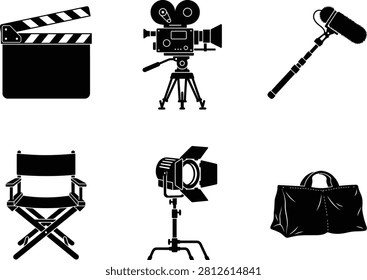 Black silhouettes: clapper, movie camera, microphone, director seat, light, bag.