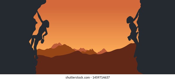Black silhouettes of climbers on a cliff with mountains as a background. Vector illustration