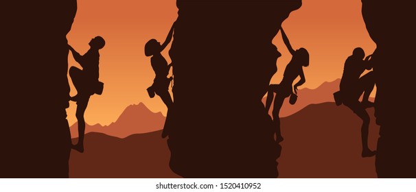 Black silhouettes of climbers on a cliff with mountains as a background. Vector illustration