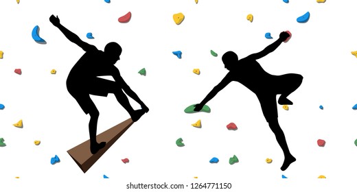 Black silhouettes of climbers who climb on a wall in a climbing gym isolated on a white background. Vector illustration.