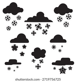 Black silhouettes of clouds with falling snowflakes, perfect for winter weather illustrations, Christmas cards, or seasonal backgrounds.