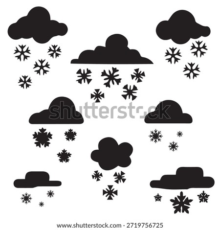 Black silhouettes of clouds with falling snowflakes, perfect for winter weather illustrations, Christmas cards, or seasonal backgrounds.