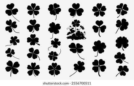 Black silhouettes of clovers for St. Patrick's Day. Clover leaves icon set isolated on white background. Saint Patrick symbol stock illustration, Vector illustration. 