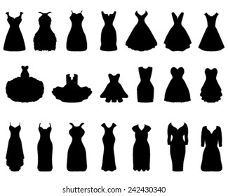 Black silhouettes of cocktail dresses, vector