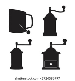 Black silhouettes of coffee mug and coffee grinders