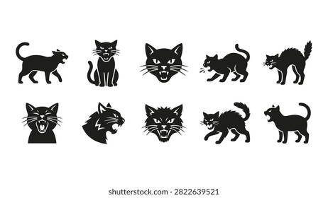 Black silhouettes collection featuring angry hissing and snarling cats with open mouths sharp teeth and arched backs perfect for horror themes Halloween graphics or aggressive animal behavior designs.