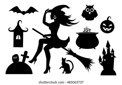 black silhouettes collection Halloween symbols on a white background