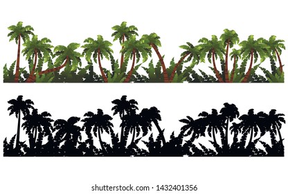 Black silhouettes and colored palm trees with tropical plants template flat vector illustration on white background