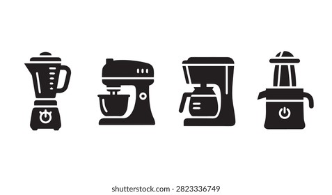 Black silhouettes of common kitchen appliances including blender, mixer, coffee maker, and toaster on a white background.