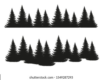 Black silhouettes of conifers isolated on white background. Collection of pines, spruce, larch, cedars. Set of park, forest, landscape elements. Flat stock vector.