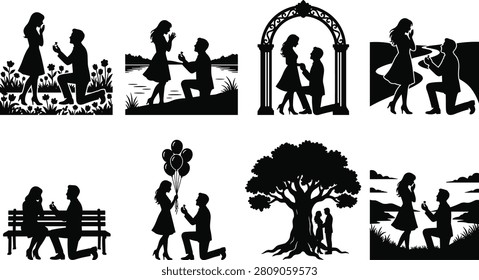 Black silhouettes of couples proposing in various romantic settings proposal