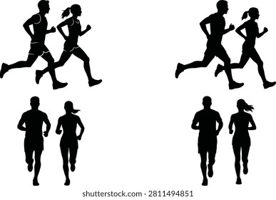 Black silhouettes of couples running and jogging in side and front views isolated on white background