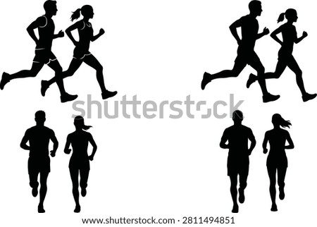 Black silhouettes of couples running and jogging in side and front views isolated on white background