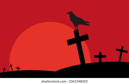 Siluetas negras de cruces contra el cielo rojo. Raven se sienta en la cruz. Antecedentes con silueta de cementerio y espeluznante luna roja por la noche. Elementos del cementerio.