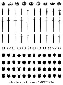 Black silhouettes of crowns, shields, swords and wreaths