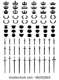 Black silhouettes of crowns, shields, wreaths and swords