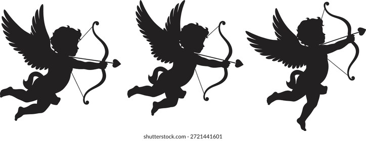 Black silhouettes of Cupid with bow and arrow, symbolizing love and romance on Valentines Day