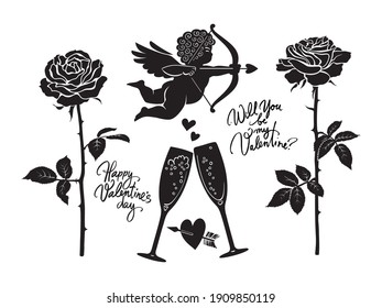 Black silhouettes of Cupid, clinking glasses of champagne, two roses, heart pierced by arrow, Happy Valentine's Day and Will You be my Valentine handwritten text. Vintage vector illustration.