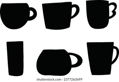 black silhouettes of cups of different shapes isolated on a white background